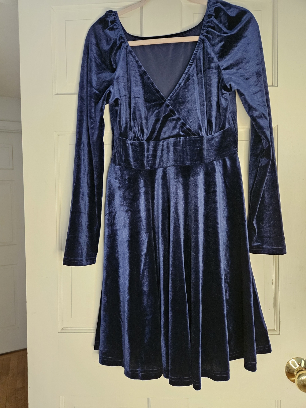 Velvet Long-Sleeve V-Neck Fit & Flare Dress — Navy#258